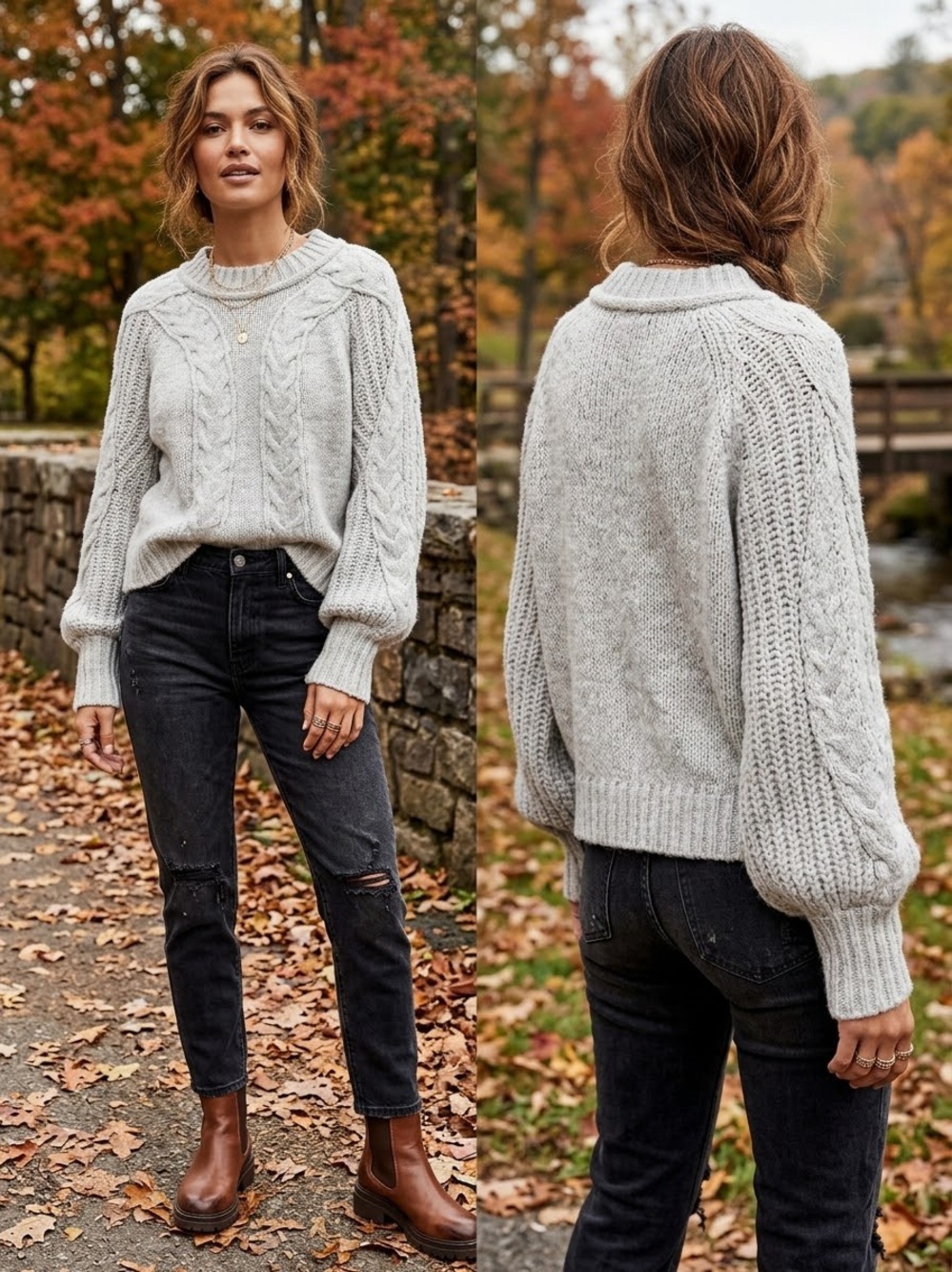 Express Light Gray Cable-Knit Balloon Sleeve Preppy Soft Crewneck Sweater SZ L